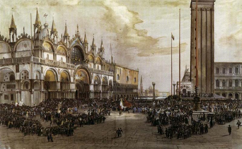 Luigi Querena The People of Venice Raise the Tricolor in Saint Mark's Square Norge oil painting art